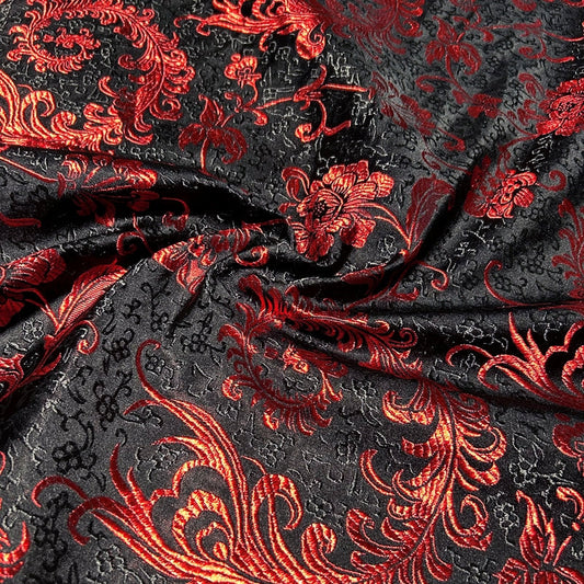 Black & Red Embroidered Brocade – Metallic Accent Jacquard Fabric