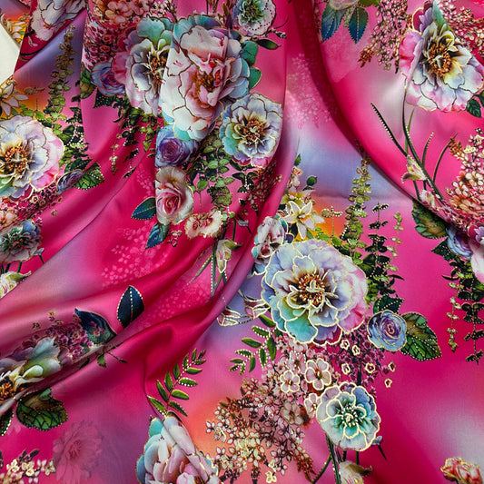 Peach Silky Satin with Gold Foil Floral Print – Lightweight Fabric