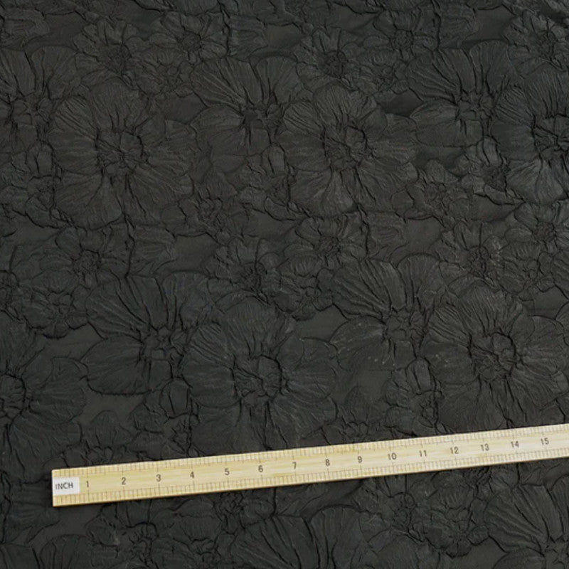 Floral Embossed Brocade - Black 3D Flower Fabric For Dressmaking