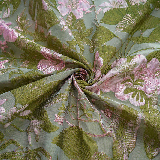 3D Floral Embossed Brocade - Green & Pink Metallic Jacquard