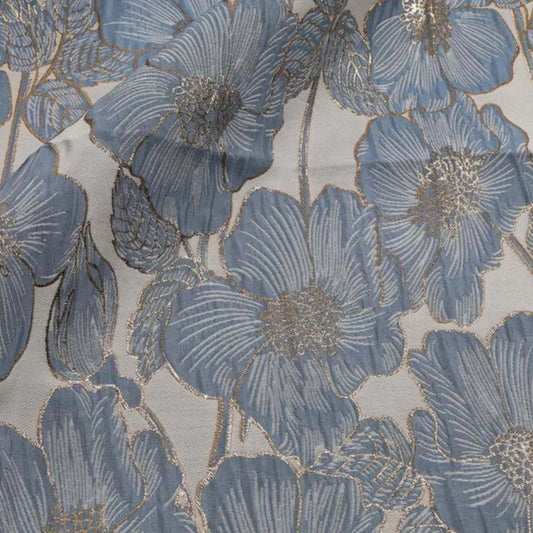 Blue Floral Metallic Brocade - Shiny Textured Jacquard Designer Fabric