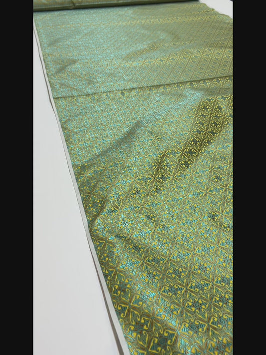 Green Geometric Jacquard Brocade - Intricate Woven Shimmer Textile