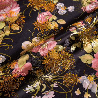 Luxurious Black Gold Bronzing Brocade - Vibrant Flower Print