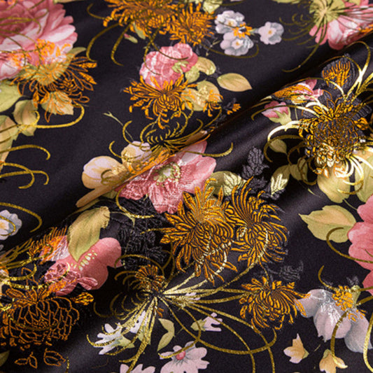 Luxurious Black Gold Bronzing Brocade - Vibrant Flower Print