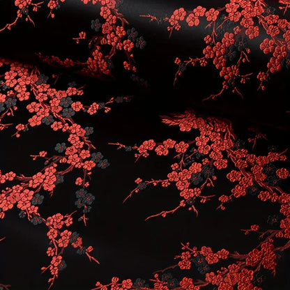 Red & Black Plum Blossom Satin Brocade, Premium Jacquard Material