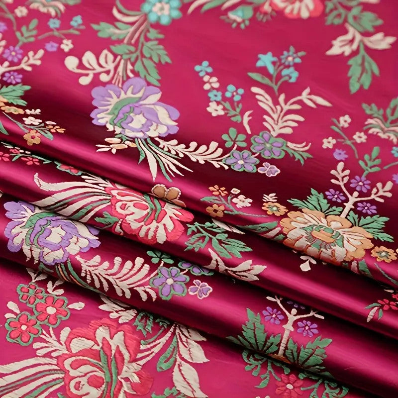 Burgundy Red Floral Brocade – Embroidered Metallic Jacquard Fabric