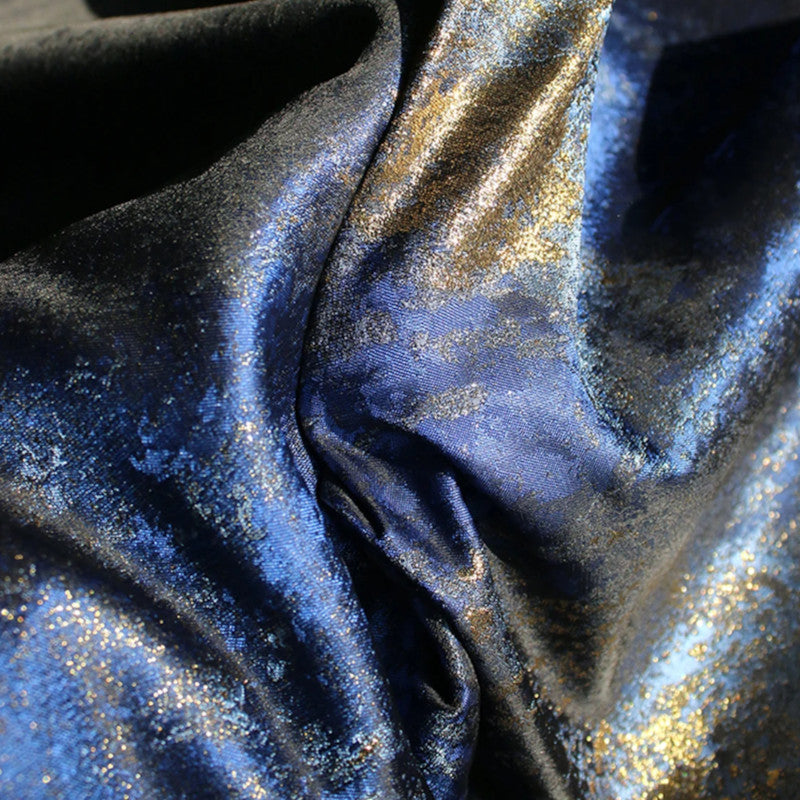 Designer Metallic Blue Golden Brocade - Shimmer Abstract Jacquard