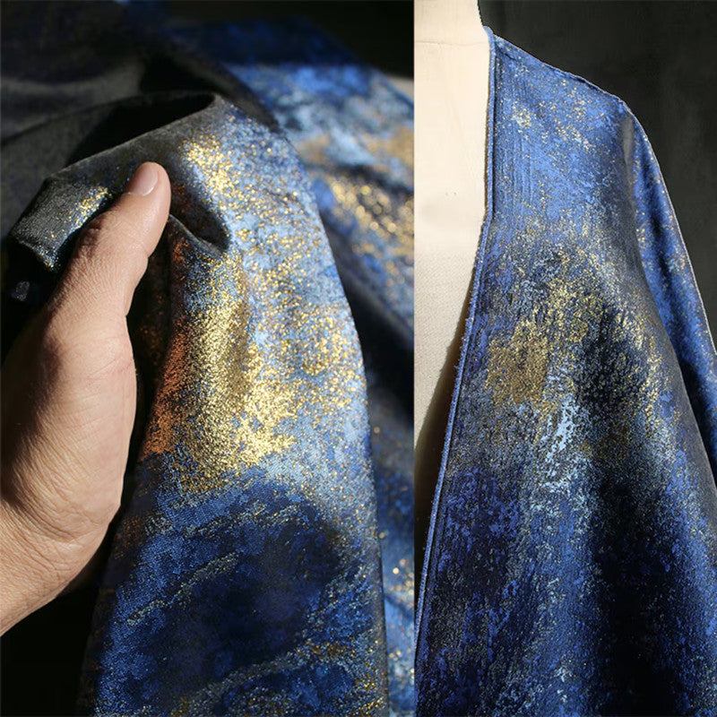 Designer Metallic Blue Golden Brocade - Shimmer Abstract Jacquard