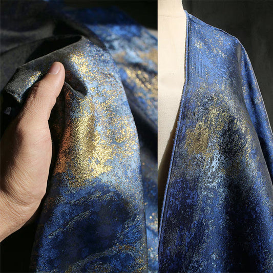 Designer Metallic Blue Golden Brocade - Shimmer Abstract Jacquard