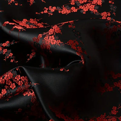 Red & Black Plum Blossom Satin Brocade, Premium Jacquard Material
