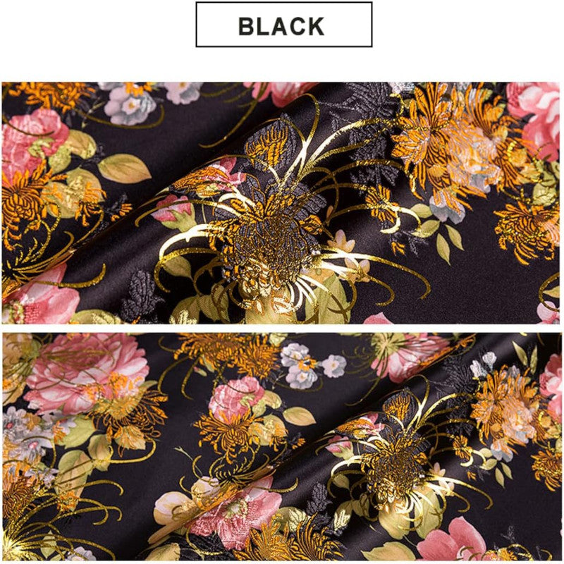 Luxurious Black Gold Bronzing Brocade - Vibrant Flower Print