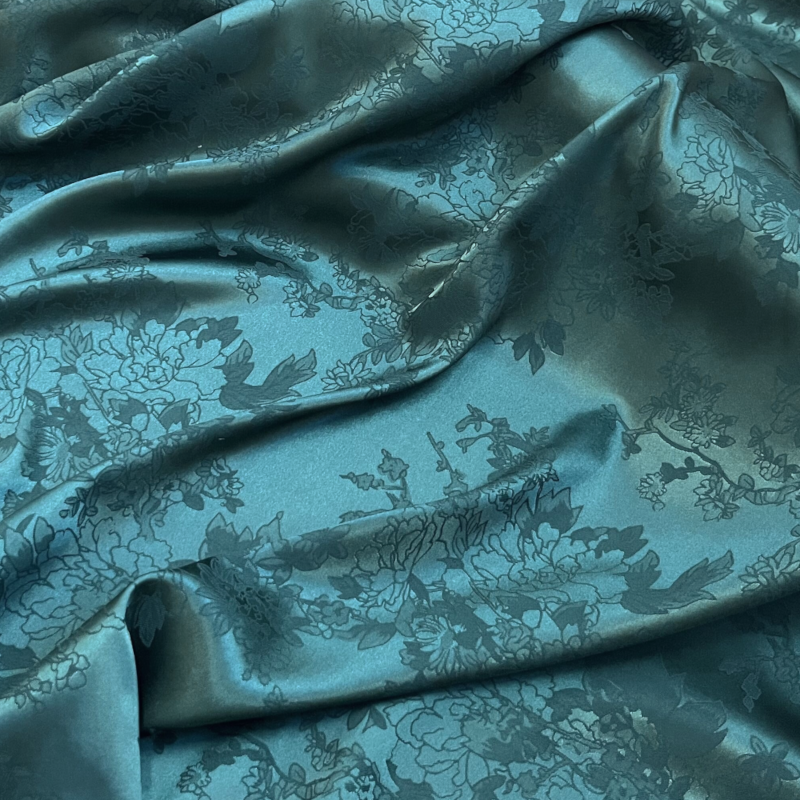 Teal Green Floral Jacquard Silky Satin