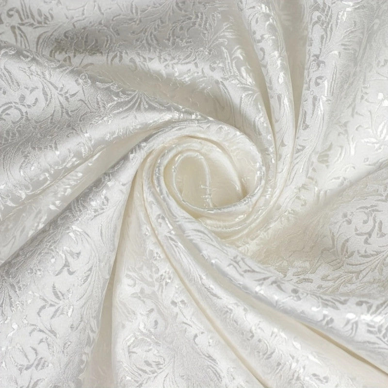White Victorian Jacquard Brocade - Textured Floral Woven Fabric