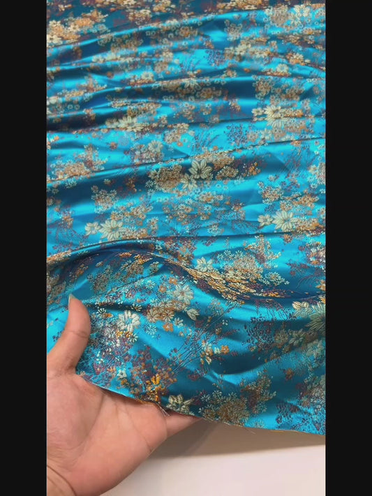 Chic Metallic Brocade Fabric - Elegant Blue Gold Jacquard Textile