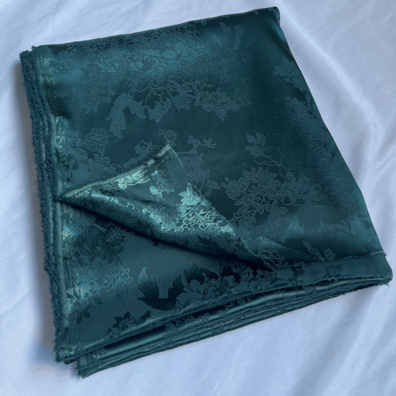 Teal Green Floral Jacquard Silky Satin