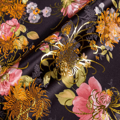 Luxurious Black Gold Bronzing Brocade - Vibrant Flower Print