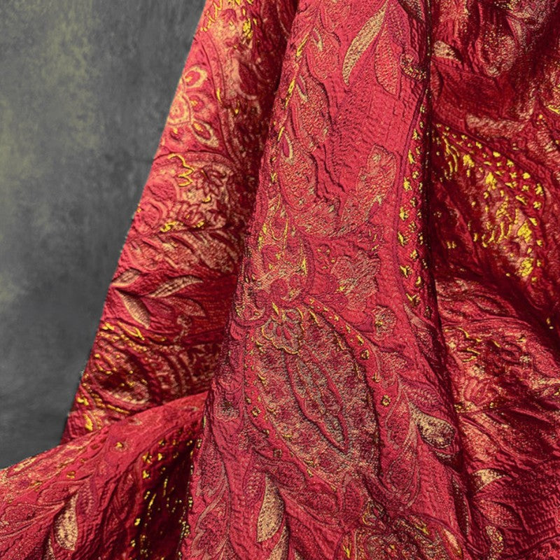 3D Damask Textured Brocade - Red Metallic Shiny Embossed Jacquard