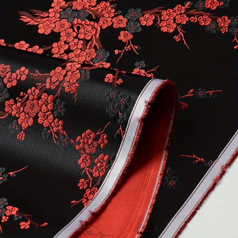 Red & Black Plum Blossom Satin Brocade, Premium Jacquard Material