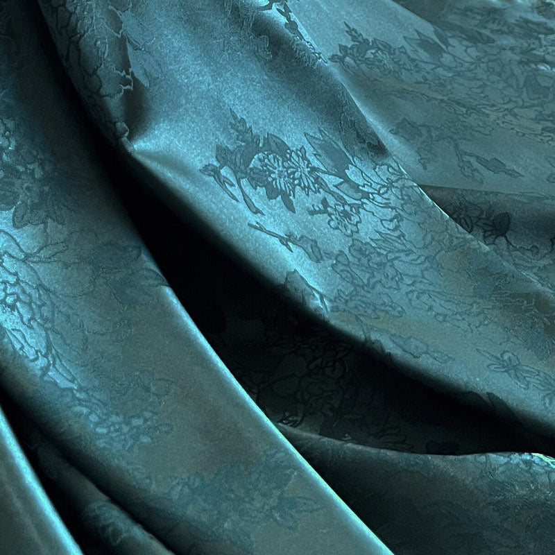 Teal Green Floral Jacquard Silky Satin