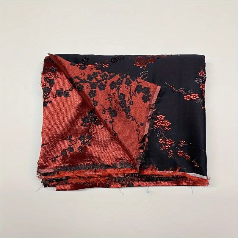 Red & Black Plum Blossom Satin Brocade, Premium Jacquard Material