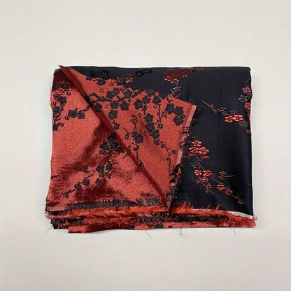 Red & Black Plum Blossom Satin Brocade, Premium Jacquard Material