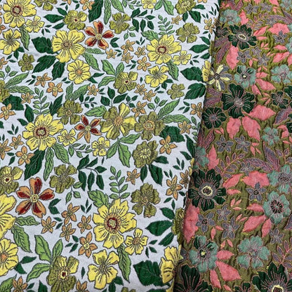 Vivid Floral Embossed Brocade - Yellow Green Jacquard