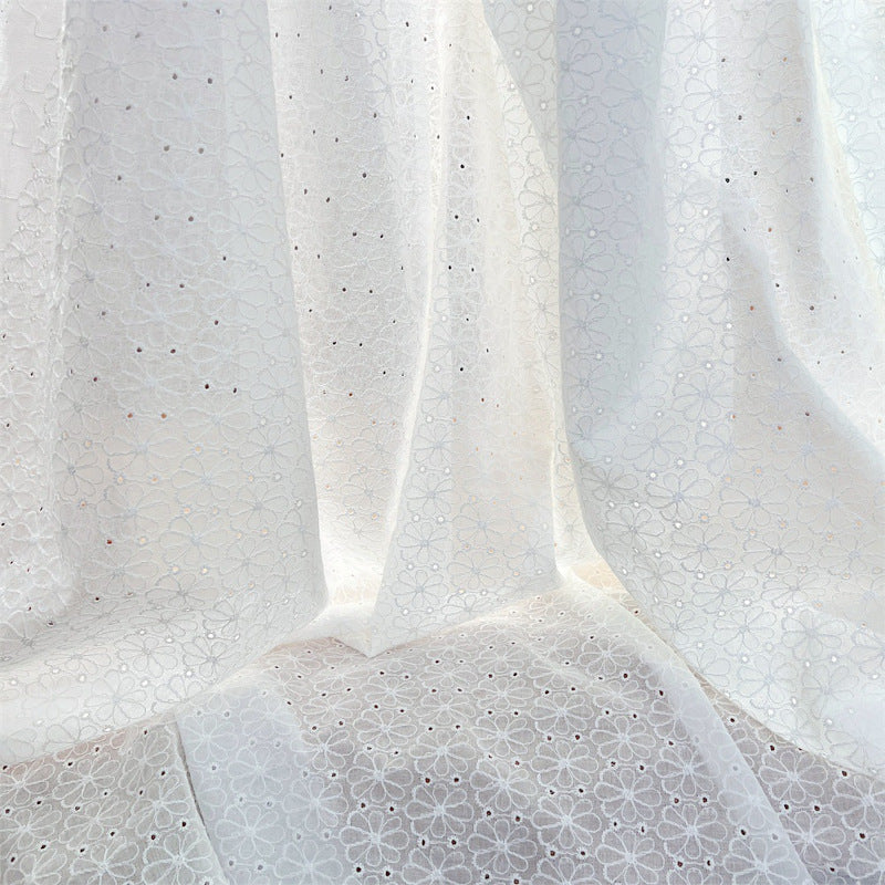 100% Cotton Embroidered Lace - White Floral Embroidery Voile Fabric