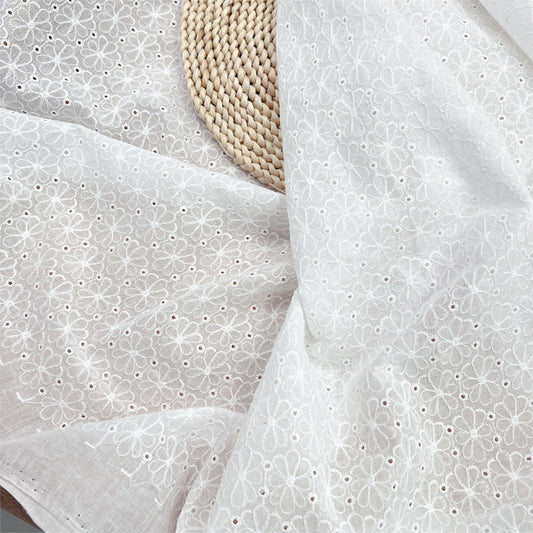 100% Cotton Embroidered Lace - White Floral Embroidery Voile Fabric
