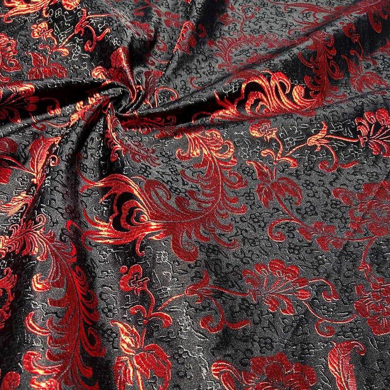 Black & Red Embroidered Brocade – Metallic Accent Jacquard Fabric