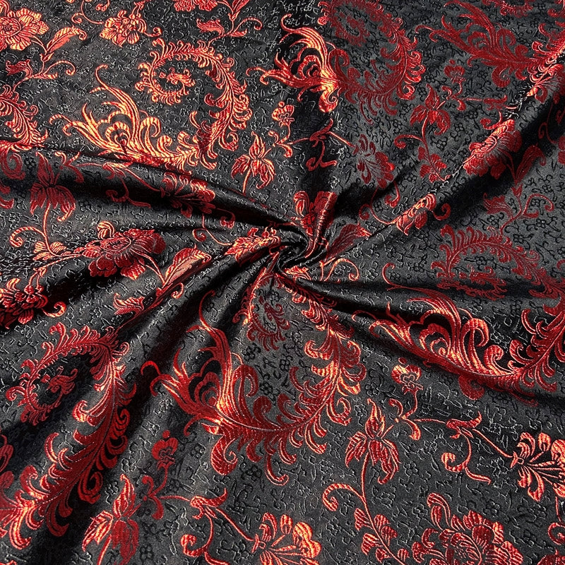 Black & Red Embroidered Brocade – Metallic Accent Jacquard Fabric