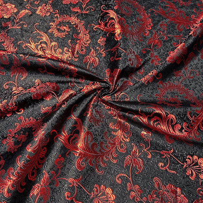Black & Red Embroidered Brocade – Metallic Accent Jacquard Fabric
