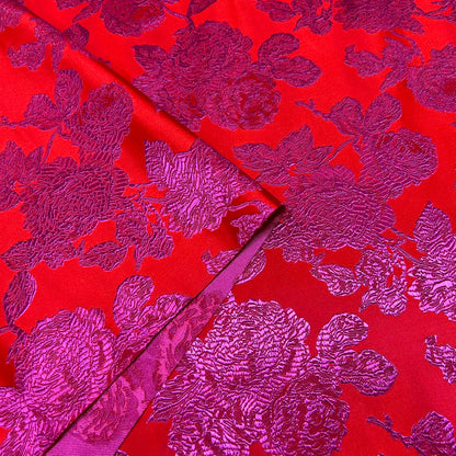 Vibrant Red & Fuchsia Floral Brocade - Satin Jacquard Weave Textile