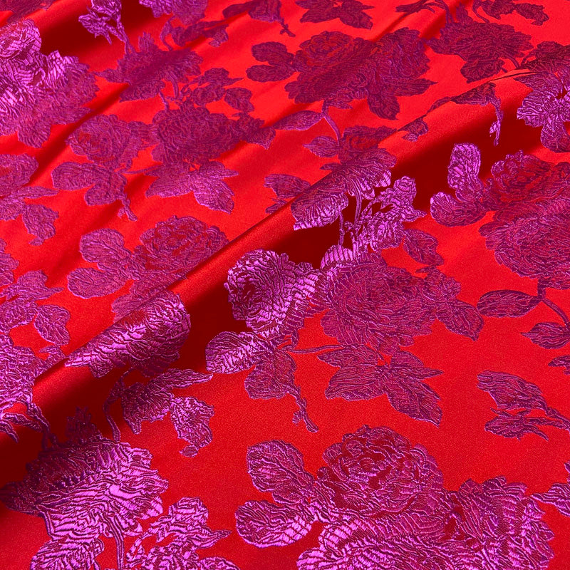 Vibrant Red & Fuchsia Floral Brocade - Satin Jacquard Weave Textile