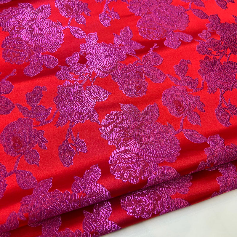 Vibrant Red & Fuchsia Floral Brocade - Satin Jacquard Weave Textile
