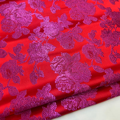 Vibrant Red & Fuchsia Floral Brocade - Satin Jacquard Weave Textile