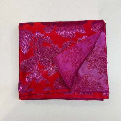 Vibrant Red & Fuchsia Floral Brocade - Satin Jacquard Weave Textile