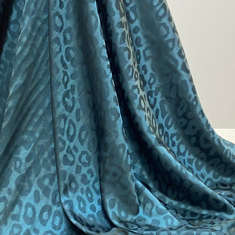 Ultra-Smooth Teal Leopard Silky Satin - Glossy Jacquard Textile