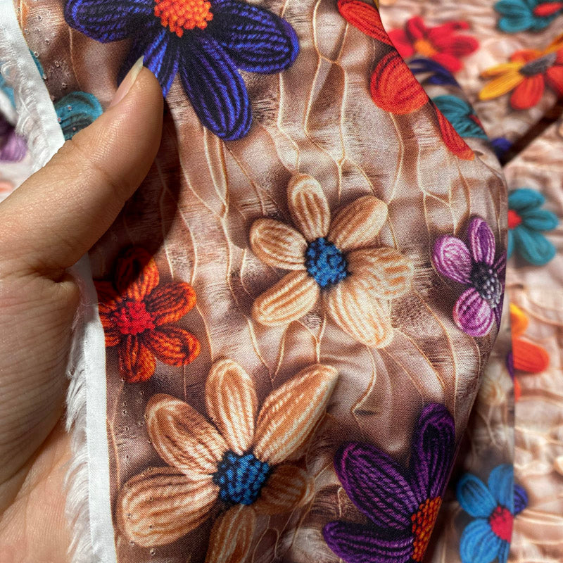 3D Floral Print Cotton Fabric – Embroidery-Look Textile