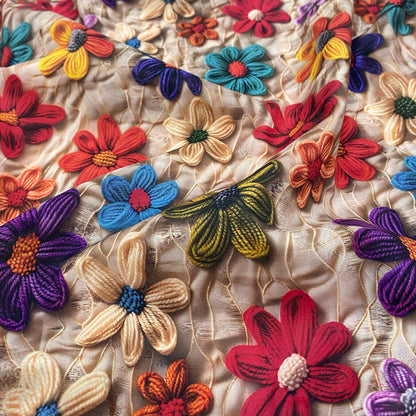 3D Floral Print Cotton Fabric – Embroidery-Look Textile