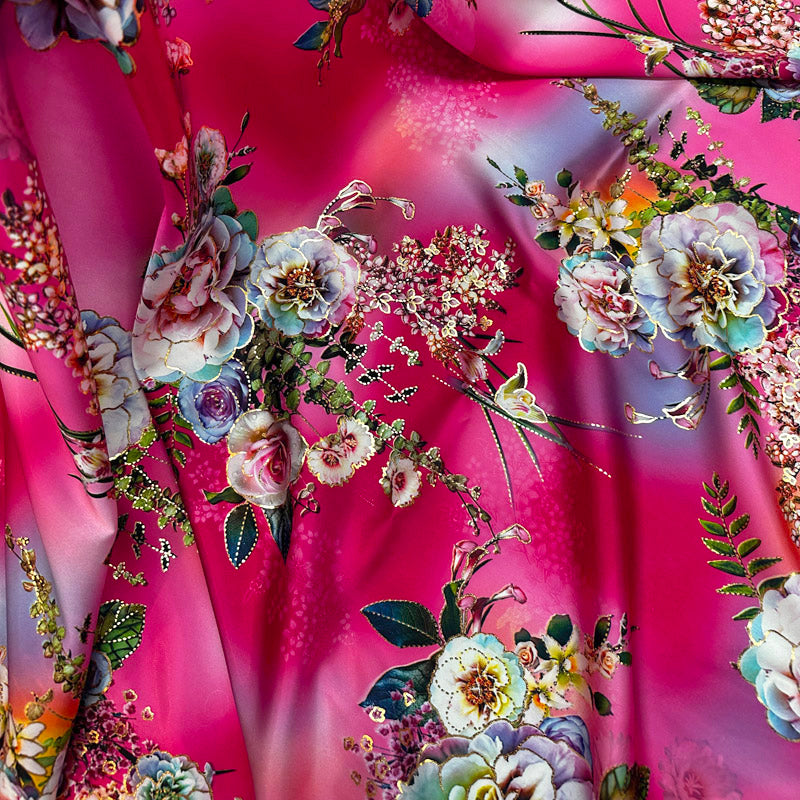 Peach Silky Satin with Gold Foil Floral Print – Lightweight Fabric