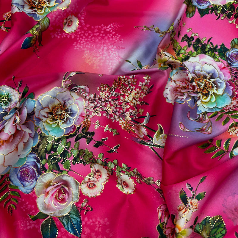 Peach Silky Satin with Gold Foil Floral Print – Lightweight Fabric