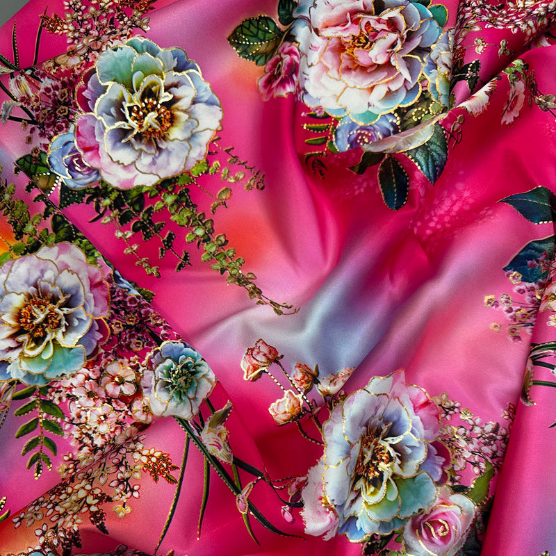 Peach Silky Satin with Gold Foil Floral Print – Lightweight Fabric