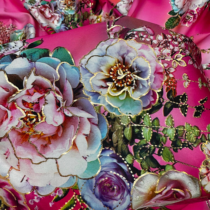 Peach Silky Satin with Gold Foil Floral Print – Lightweight Fabric
