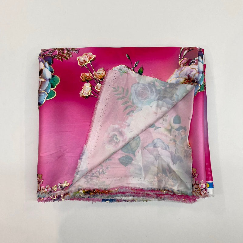 Peach Silky Satin with Gold Foil Floral Print – Lightweight Fabric