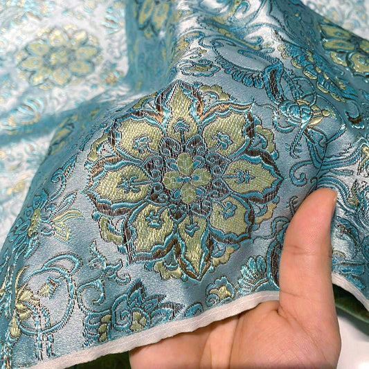 Teal Blue Damask Brocade – Elegant Jacquard Woven Fabric