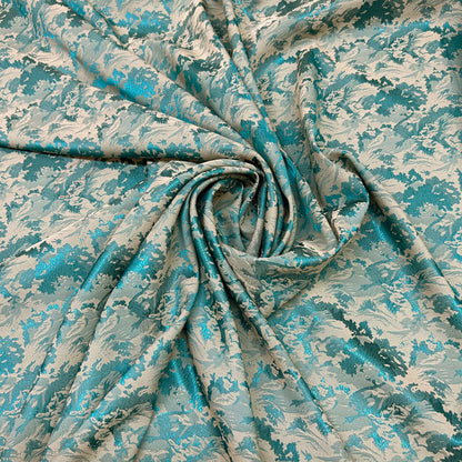 Abstract Wave Pattern Turquoise Blue Jacquard - Shiny Silky Satin