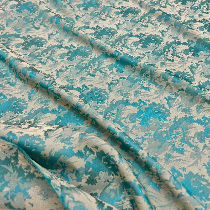 Abstract Wave Pattern Turquoise Blue Jacquard - Shiny Silky Satin