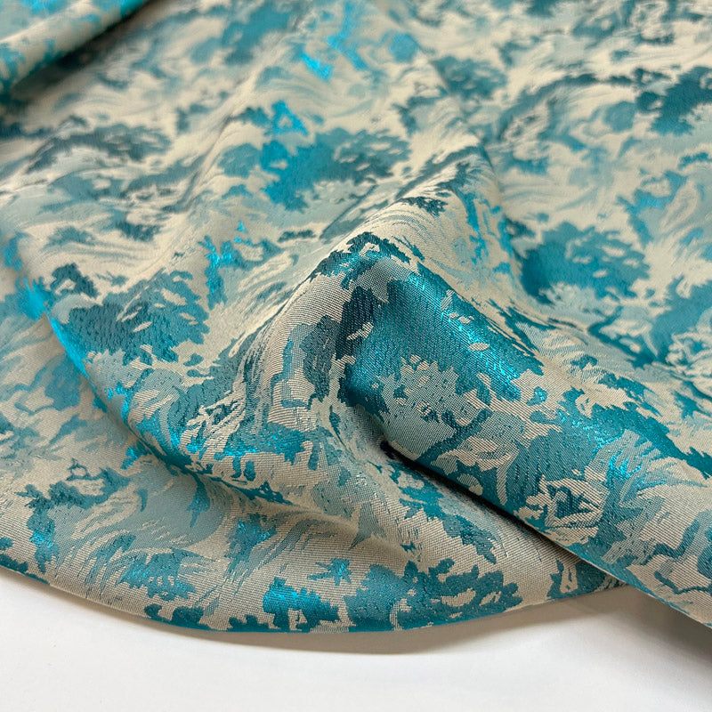 Abstract Wave Pattern Turquoise Blue Jacquard - Shiny Silky Satin