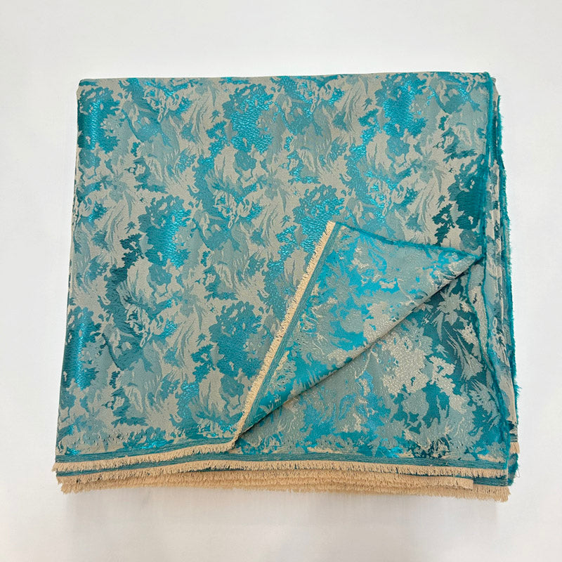 Abstract Wave Pattern Turquoise Blue Jacquard - Shiny Silky Satin