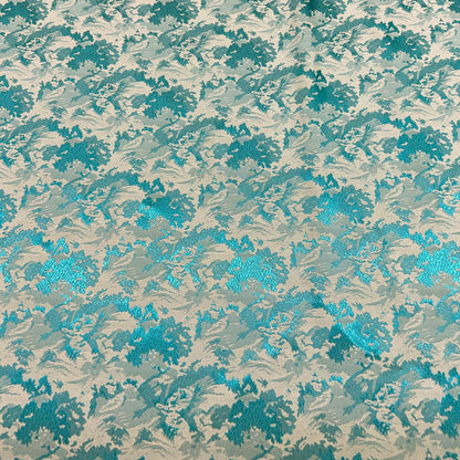Abstract Wave Pattern Turquoise Blue Jacquard - Shiny Silky Satin